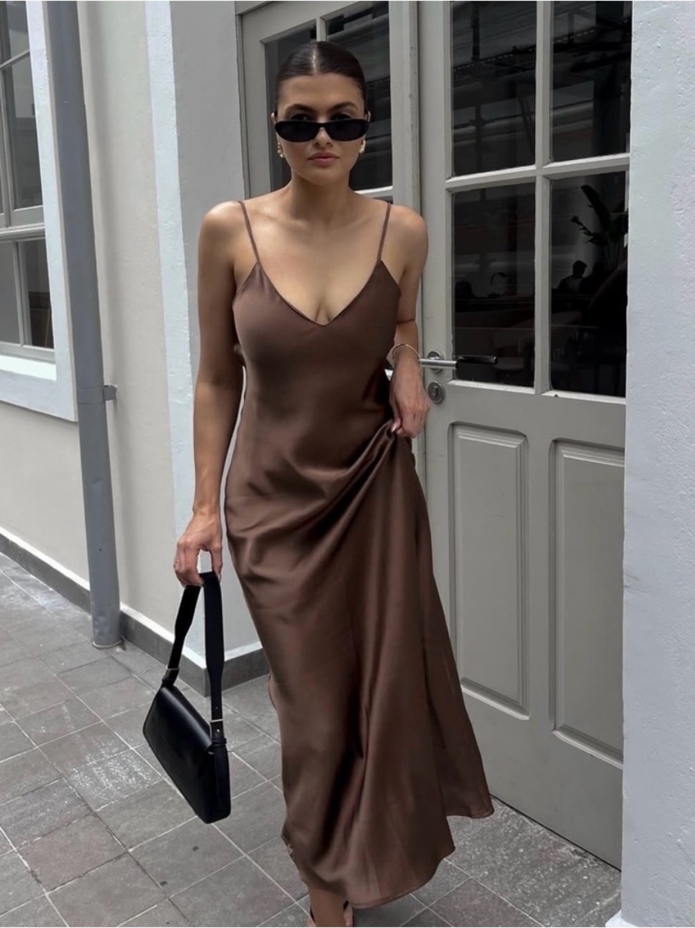 Zara Slip Midi Dress in Brown - Classic V-Neck Spaghetti Strap
